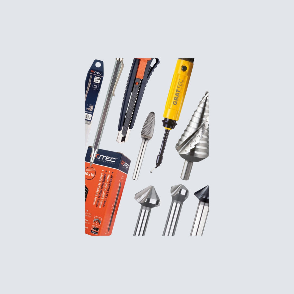 Försänkare, gradverktyg, karbidslipstift, stegborr och universalknivar för professionell metallbearbetning.