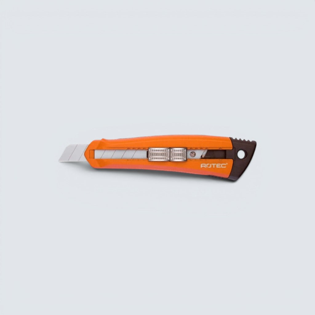 Premium 18 mm brytbladskniv med orange metallhandtag, låsmekanism och integrerad förvaring för reservblad.