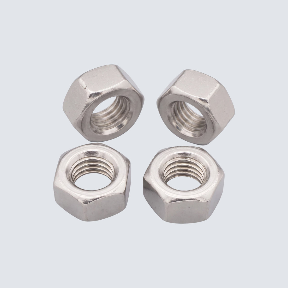 Rostfri.nu A2 stainless steel DIN 934 hex nuts with a metallic finish, suitable for indoor and outdoor construction.