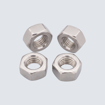 Rostfri.nu A2 stainless steel DIN 934 hex nuts with a metallic finish, suitable for indoor and outdoor construction.