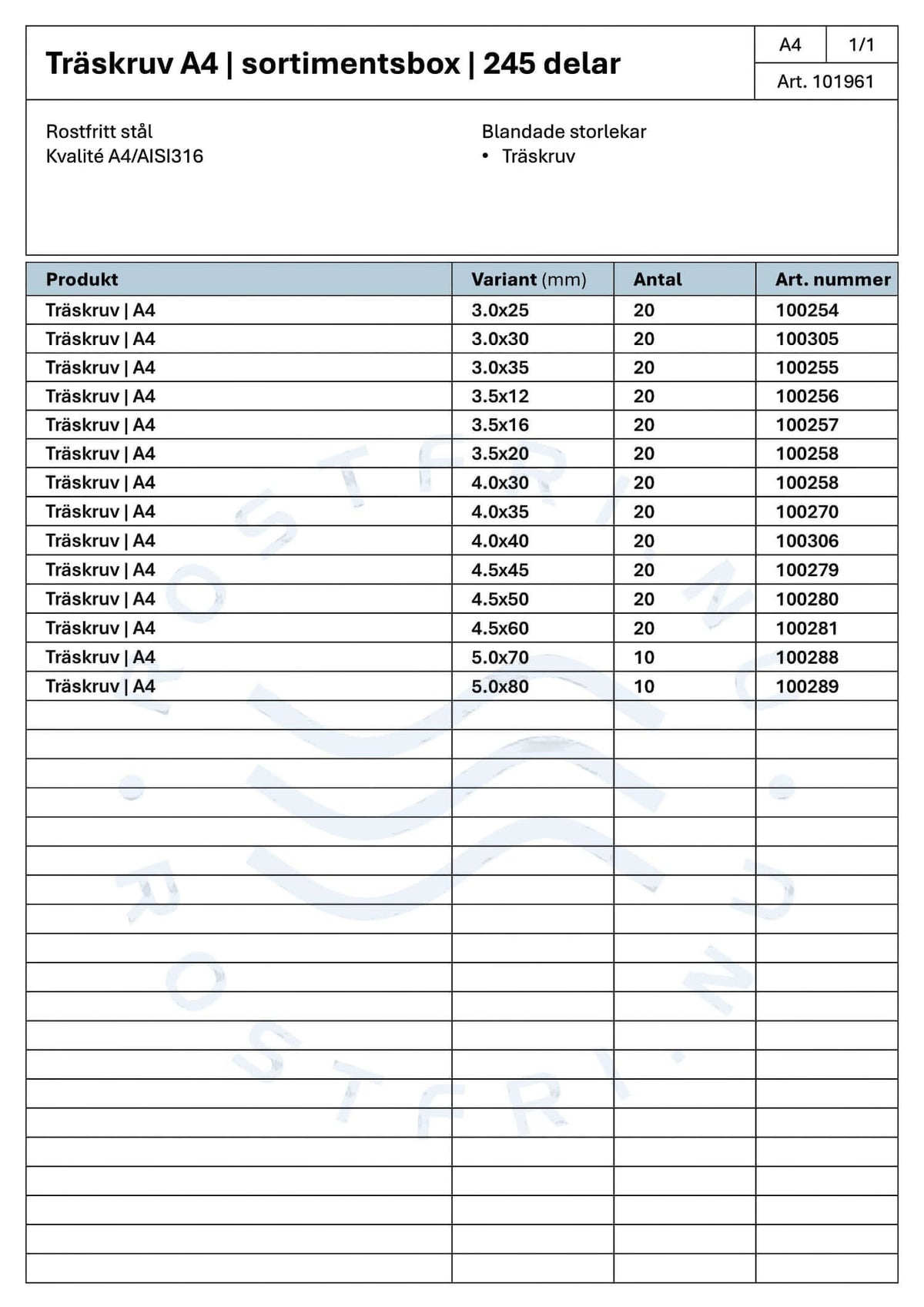 Rostfri.nu A4 stainless steel wood screw assortment box contents list showing various sizes and article numbers.