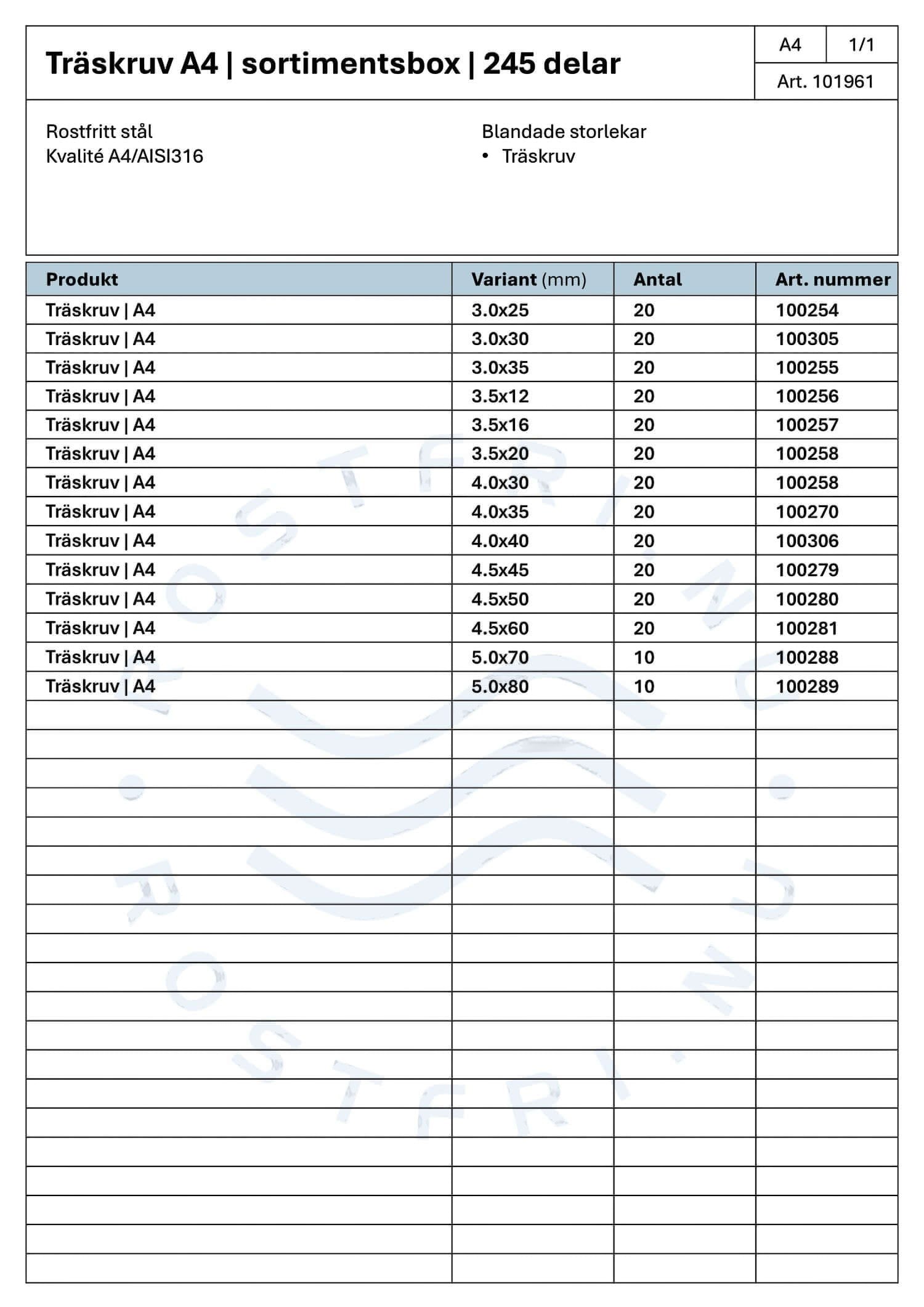 Rostfri.nu A4 stainless steel wood screw assortment box contents list showing various sizes and article numbers.