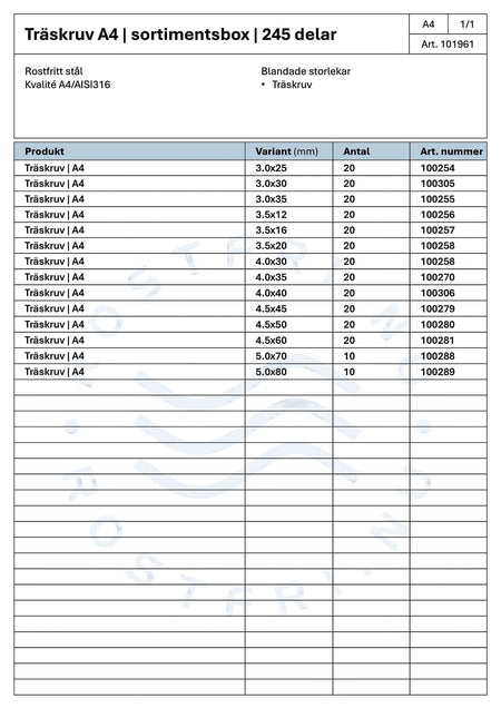 Rostfri.nu A4 stainless steel wood screw assortment box contents list showing various sizes and article numbers.