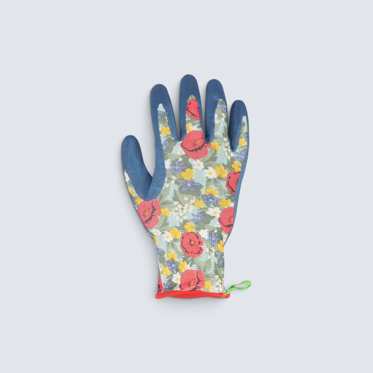 Rostfri.nu Hestra Job Garden Dip latex gardening glove with a floral pattern, blue palm, and seamless stretch fit.