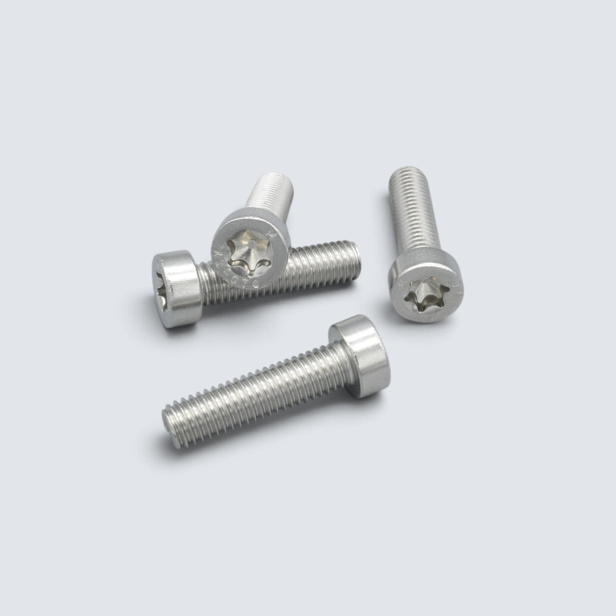 Lågskalliga cylinderskruvar ISO 14580 i rostfritt A2-stål med Torx-spår för montage där låg bygghöjd och säker infästning krävs.