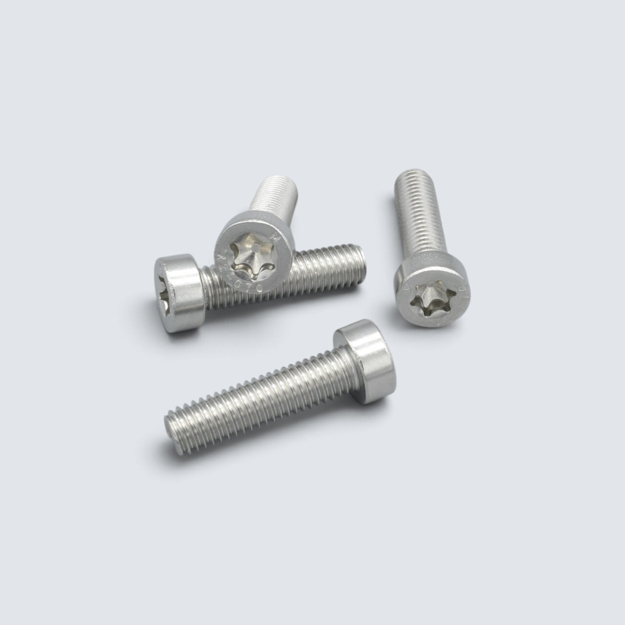 Lågskalliga cylinderskruvar ISO 14580 i rostfritt A2-stål med Torx-spår för montage där låg bygghöjd och säker infästning krävs.