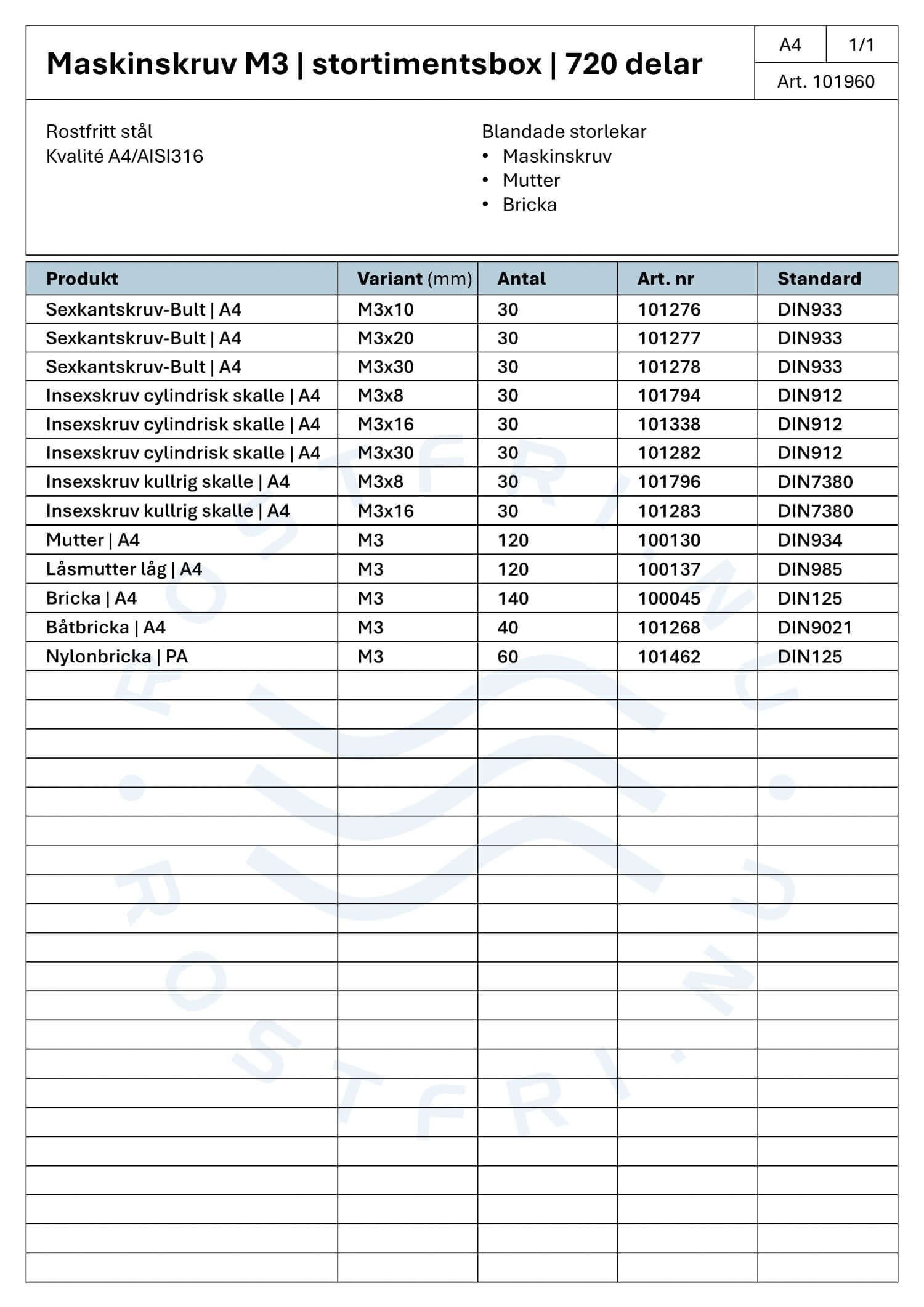 Rostfri.nu M3 machine screw assortment box specification sheet listing 720 stainless steel A4 AISI 316 fasteners.