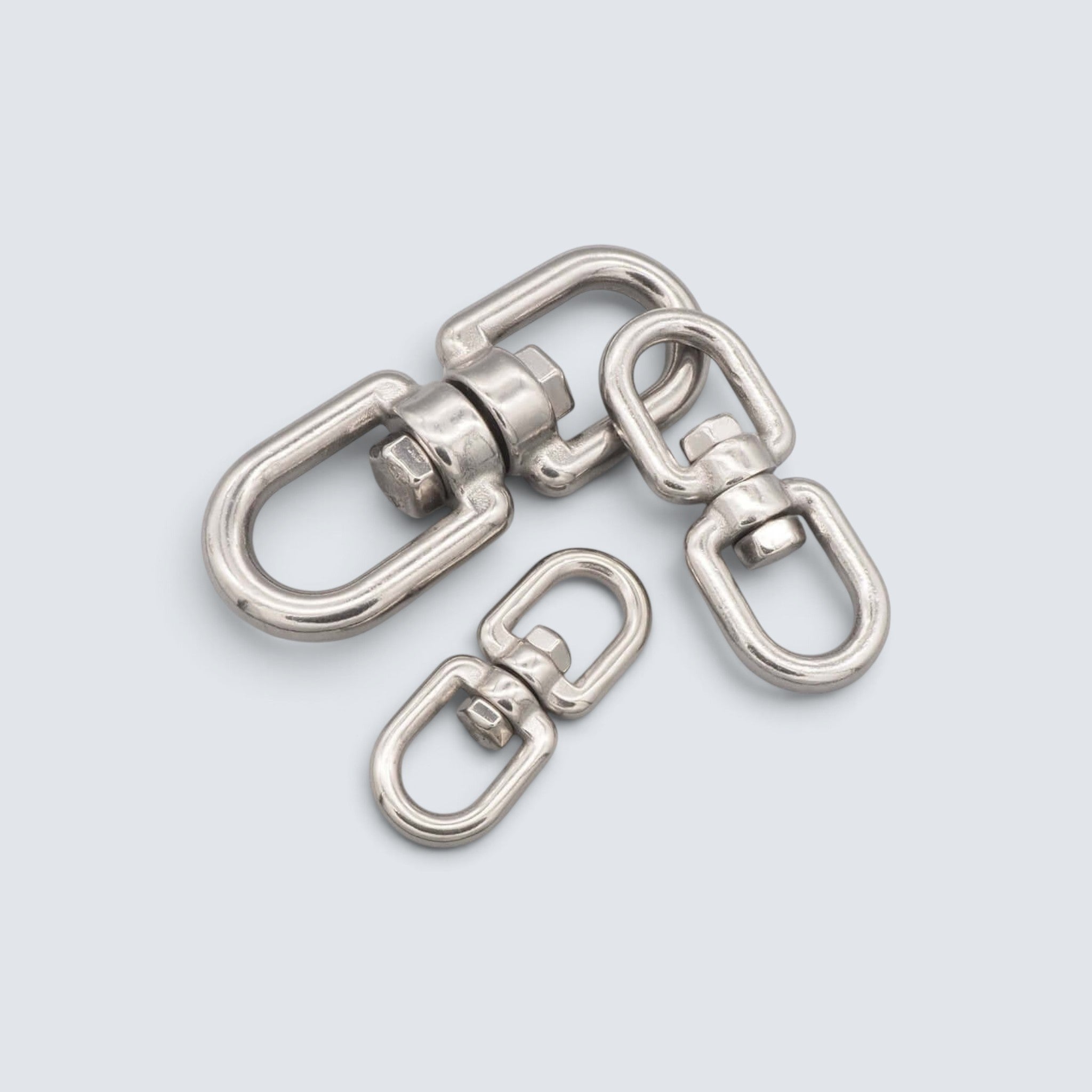 Rostfri.nu stainless steel A4 eye-to-eye swivel connectors for marine rigging and mooring applications.