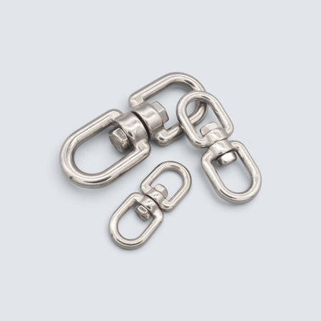Rostfri.nu stainless steel A4 eye-to-eye swivel connectors for marine rigging and mooring applications.