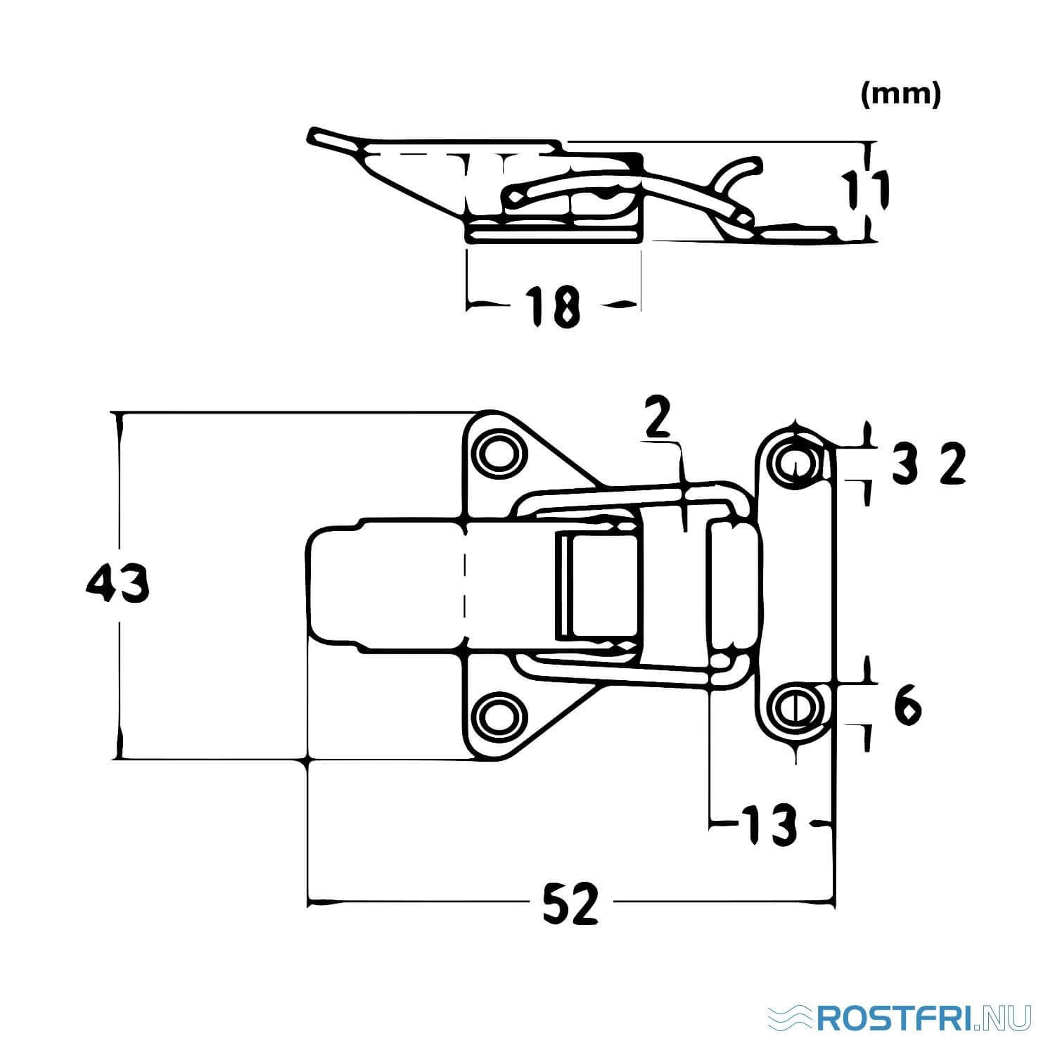 Teknisk ritning av Rostfri.nu excenterlås i rostfritt A2-stål med måttangivelser i millimeter.