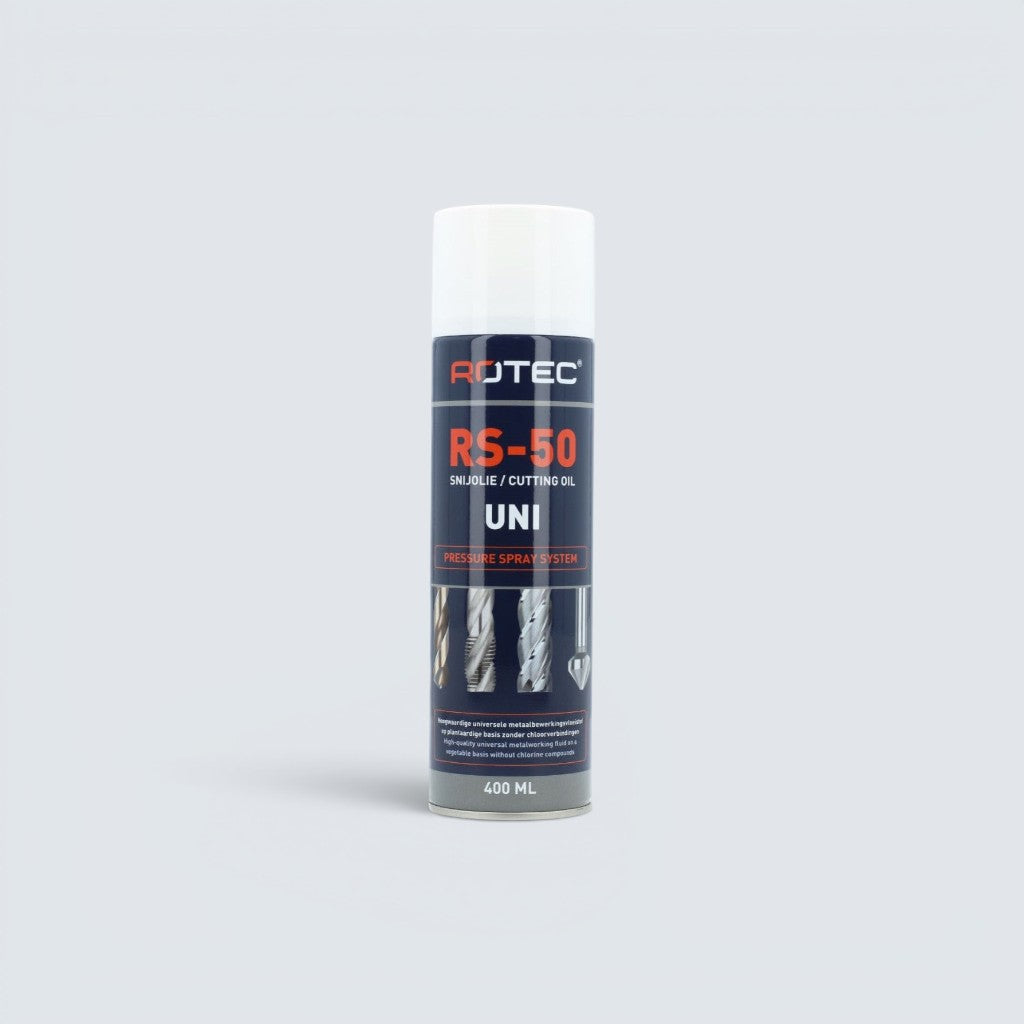 Rotec RS-50 universalskärolja på sprayburk i 400 ml aerosol för metallbearbetning, borrning och fräsning.
