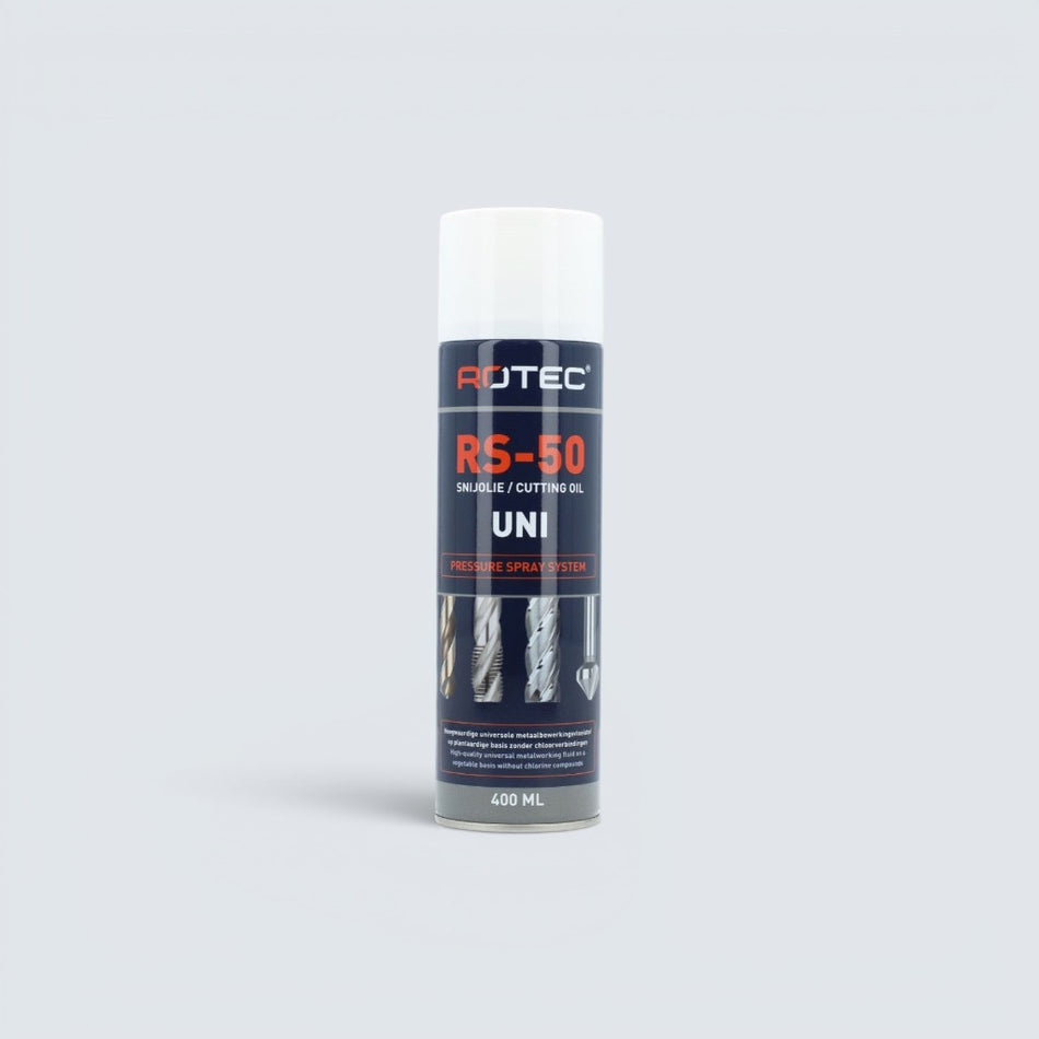 Rotec RS-50 universalskärolja på sprayburk i 400 ml aerosol för metallbearbetning, borrning och fräsning.